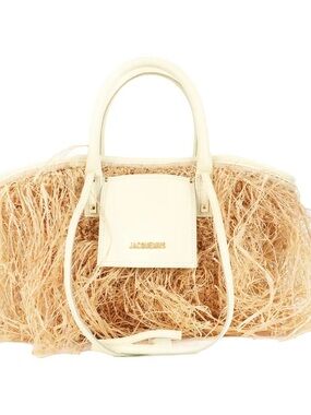 Jacquemus Natural Raffia Fringe Tote with  Cream Leather Trim